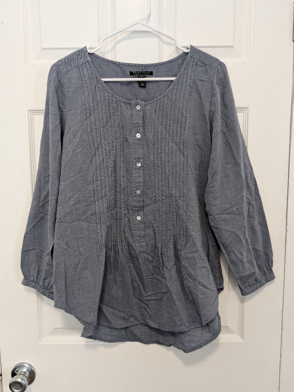 Peruvian Connection Peasant Blouse Cotton Pleated Blue Size 6 Boho Eco Cottage
